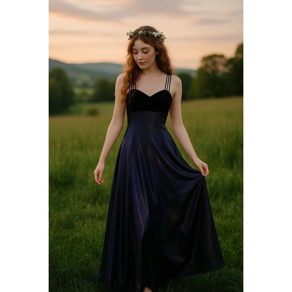 Vtg All That Jazz Prom Dress Sz 7 Velvet Shimmery Satin Maxi Gown Fairy Y2K - Picture 1 of 10